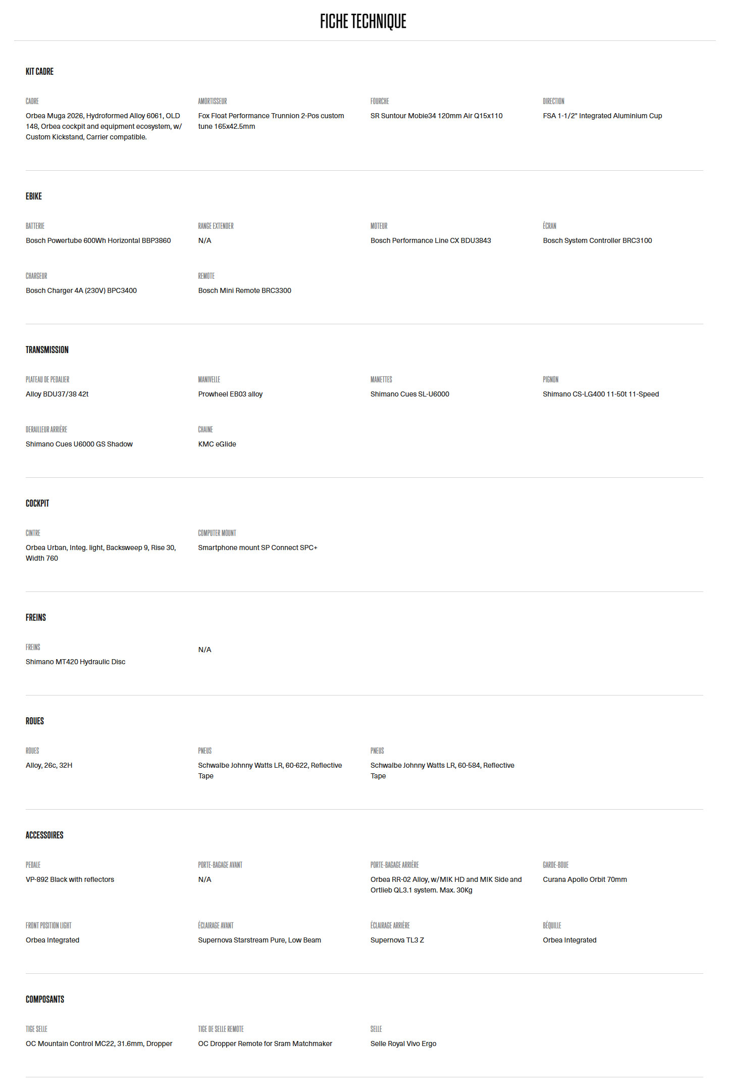 Caracteristique technique du Vélo électrique Muga 30  année 2026